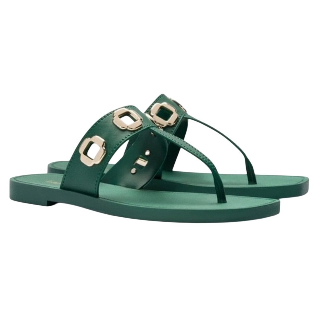 Larroude Green Thong Slide Sandals With Gold Accents